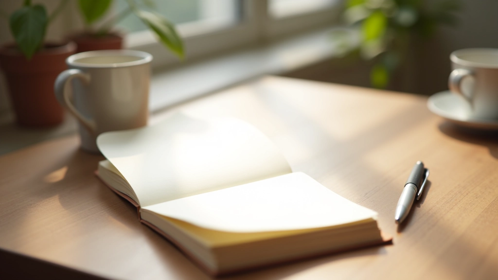 Morning pages notebook with pen and coffee on wooden desk